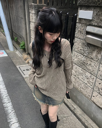 Cien Vintage Eyelet See-Through V-Neck Knit